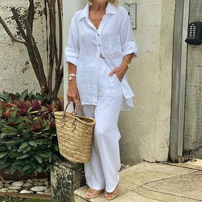 Fashion Women's Casual Solid Color Long Sleeve Shirts  Cotton Linen Pants Suit