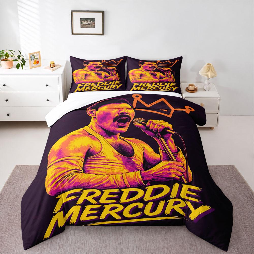 Freddie Mercury Neon Yellow Pink Bedding Set, Queen Crown Singer Duvet Cover Set
