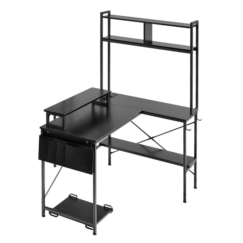 L-Shaped Gaming Desk with LED Lights, 1.2m Reversible Corner Computer Desk with Monitor Stand, Power Outlets, Movable CPU Stand & Shelf, Modern