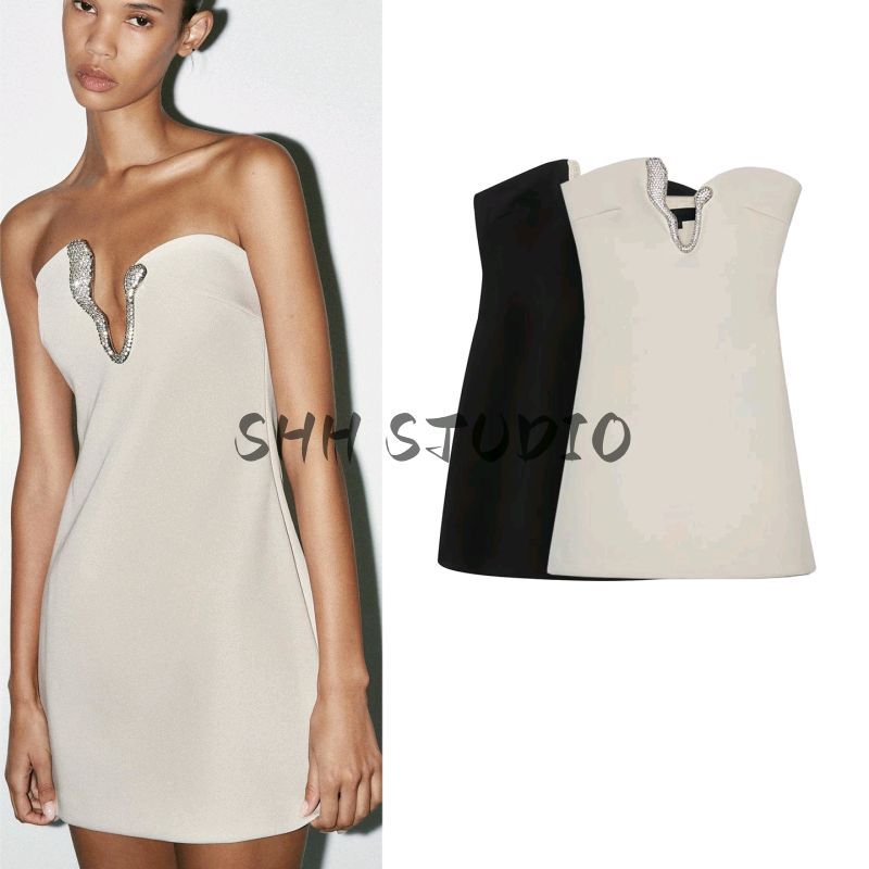 Summer New Product Women's Clothes French Asymmetric Collar Jewelry Inlay Patchwork Lining Short Dress 4772344