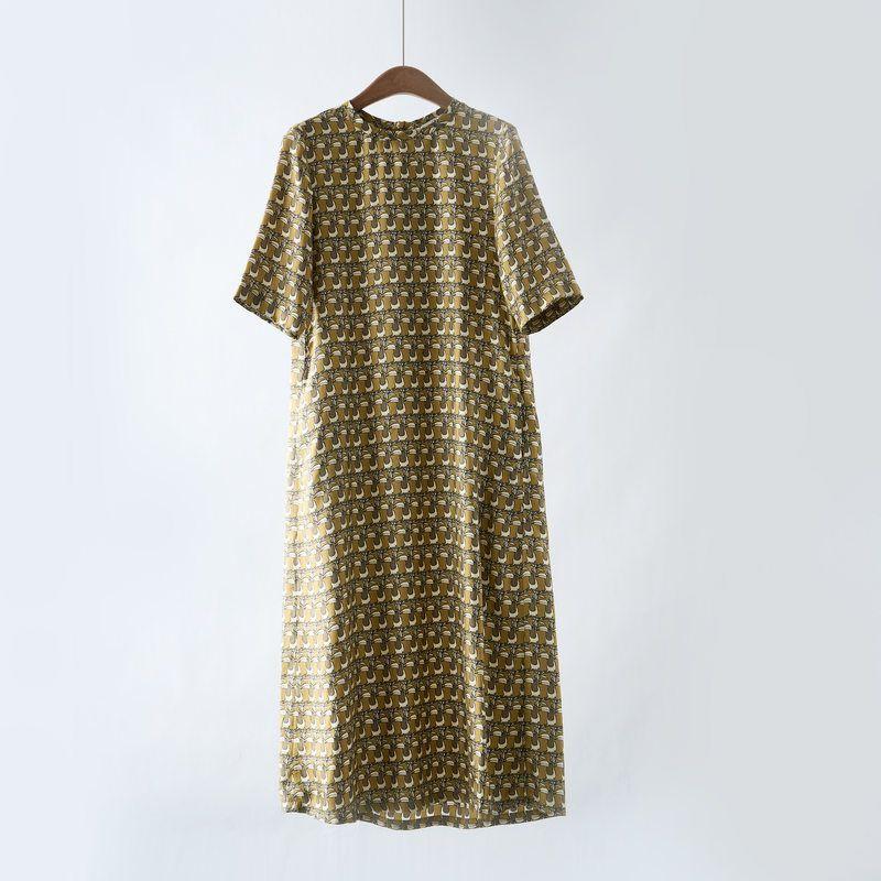 

Old Channel Yuan Factory Yarn! 25 Summer New Heavy Weight Grade 6A 100% Mulberry Silk Fun Printing Loose Dress Yellow S