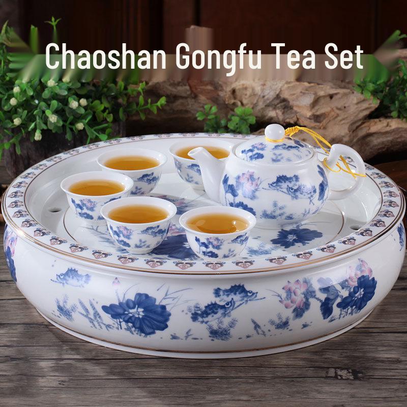 Ceramic Round Tea Tray Set with Water Storage for Gongfu Tea (10-12 Inch) 10-inch 10-piece Gaiwan Set