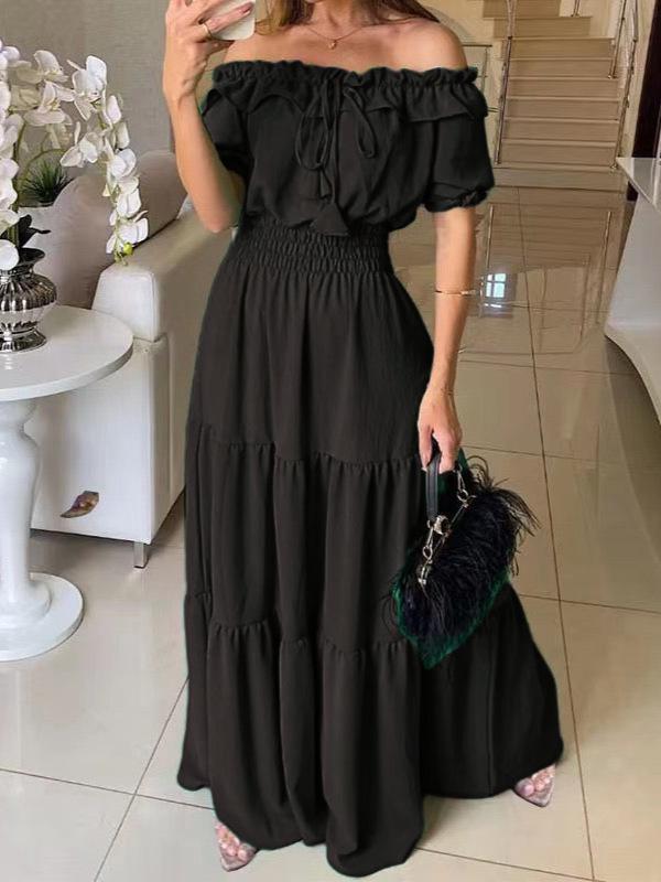 Abito a Gonna Lunga Patchwork da Donna a Spalle Scoperte