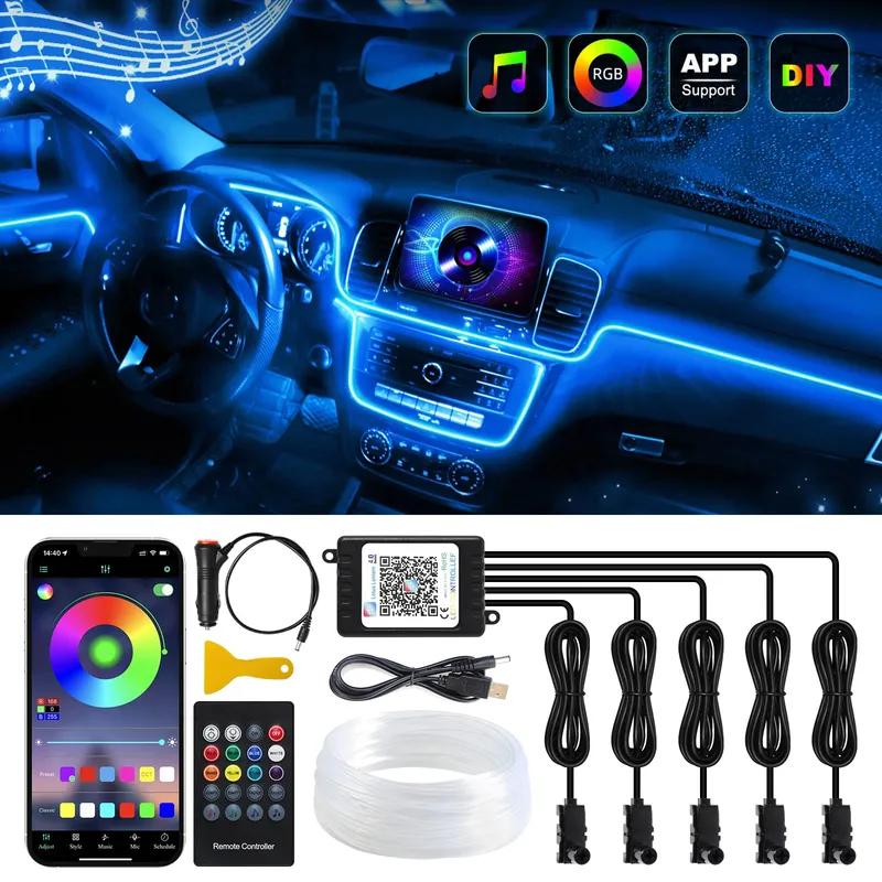 Neon bil LED interiørlys RGB Ambient Light Fiberoptisk sett med APP Trådløs kontroll LED Auto Atmosphere Dekorativ Lampe