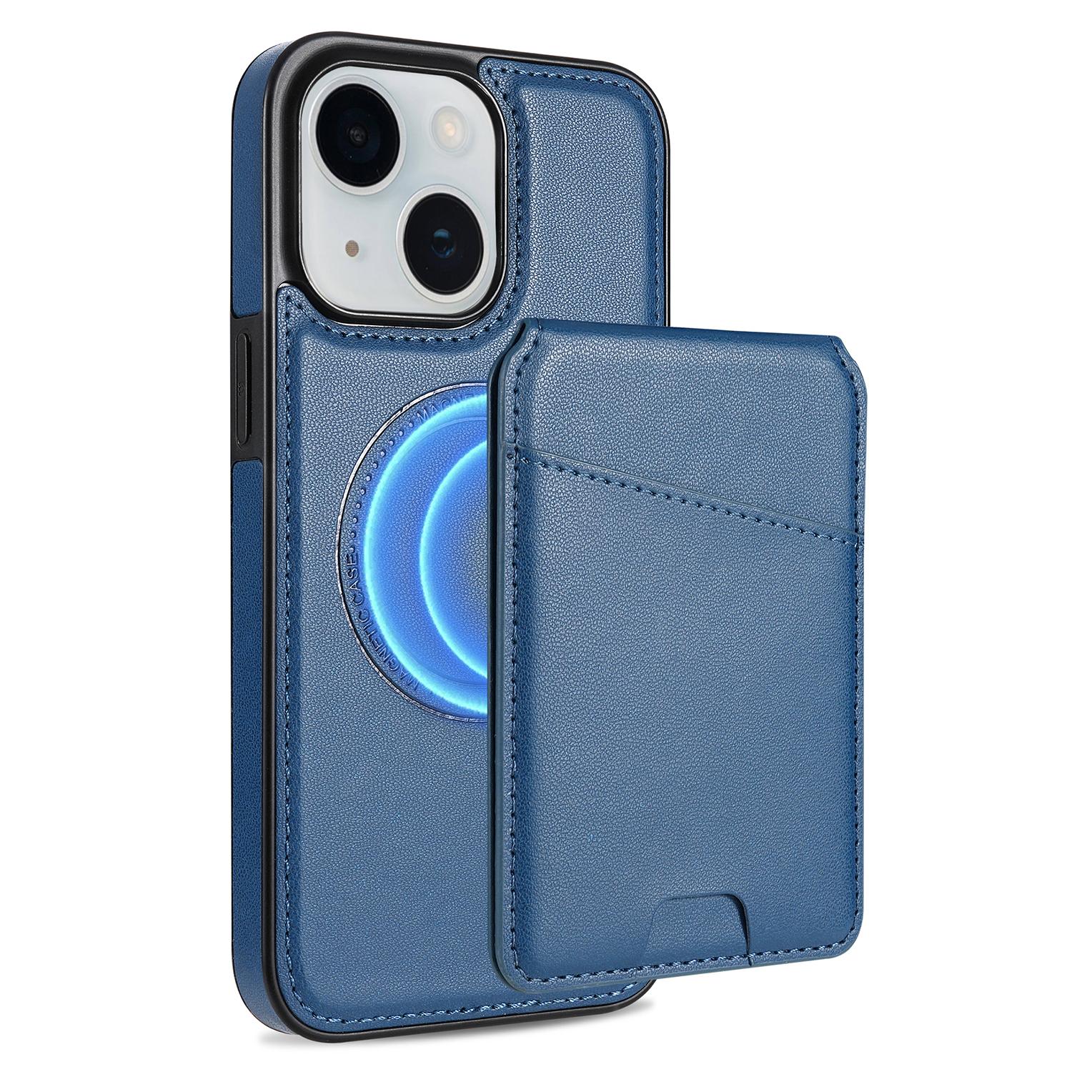 

For iPhone 14 Case Compatible with MagSafe Detachable Card Holder Kickstand Leather Phone Back Cover Blue