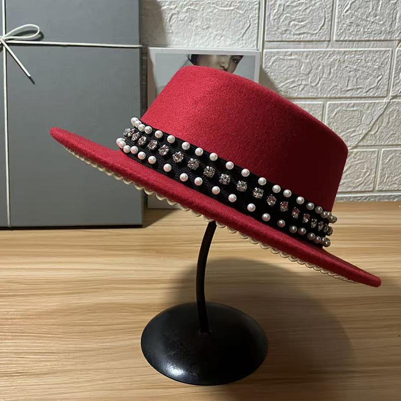 European Beautiful Woman New Autumn and Winter Imitation Woolen Hat Big Brim Jazz Top Hat Men's Flat Top Shape British Pearl Rhinestone Felt Hat