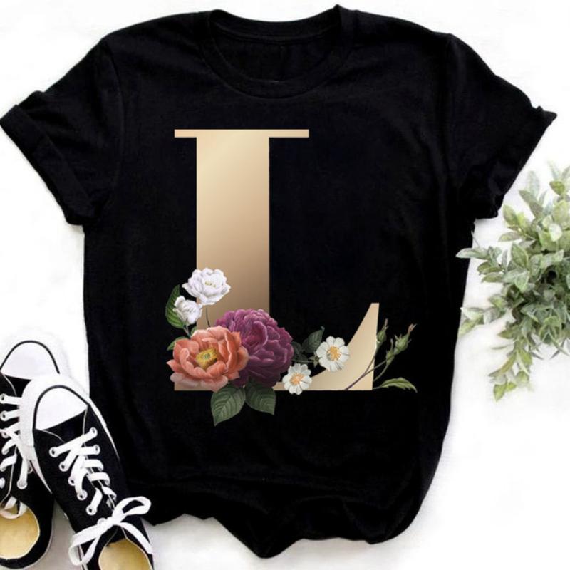 Fashion Golden 26 Letters Flower Harajuku Print Ladies T-shirt Casual Basics O-collar Black Shirt Short Sleeve Ladies T-shirts