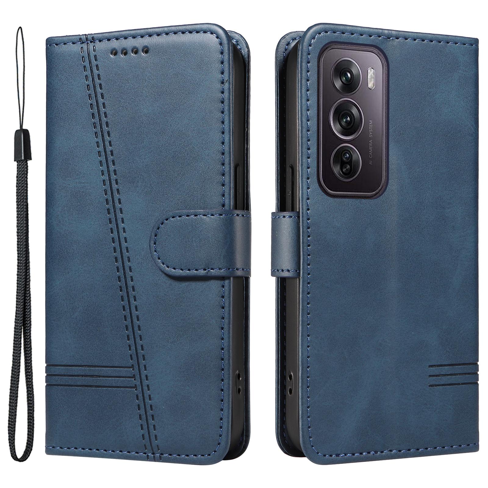 

For Oppo Reno12 Pro 5G (China)/Reno12 Pro 5G (Global) PU Leather Flip Phone Cover Wallet Imprinted Line Case with Wrist Strap Blue