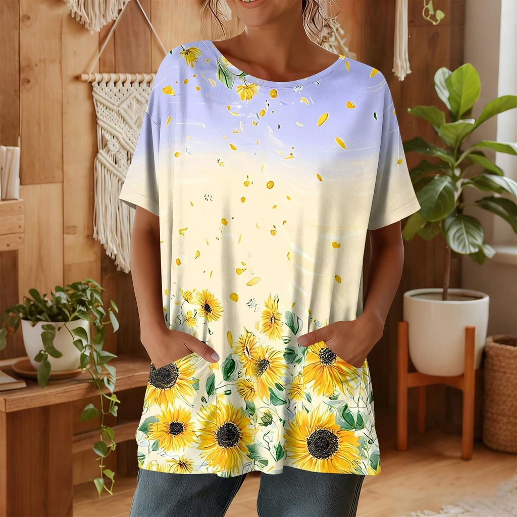 Top casual da donna alla moda a maniche corte con stampa floreale
