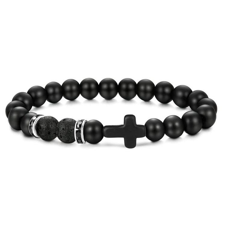 New Retro Cross Natural Stone Bracelet Tiger Eye Stone Lava Volcanic Stone Elastic Bead Men's Bracelet