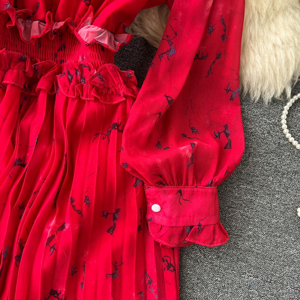 Autumn Women Vintage Printed Pleated Long Dress Female Red/Green/Blue/Yellow Draped Ruffle Single Breasted Maxi Robe Vacation Dresses