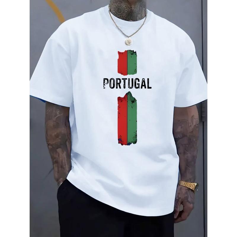 Men's Portugal Lettering T-Shirt - Portuguese National Design with Flag Suitable for Parties, Summer Neck Hip-Hop Tee, Soft Breathable Casual Wear