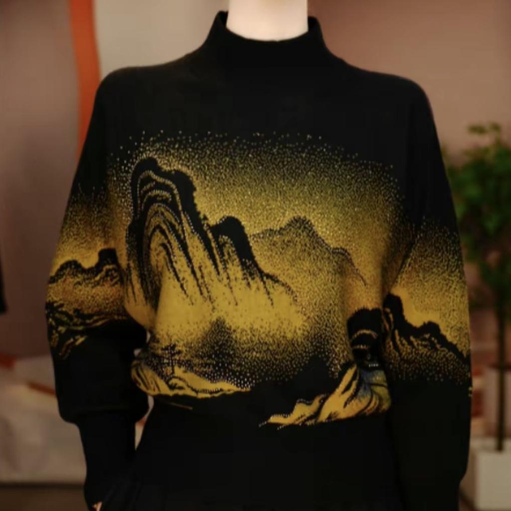 Women's Print Sweater Long Sleeve Rhinestone Stand Collar Sweater Autumn/Winter Soft Skin-Friendly Stretchy Knit Top