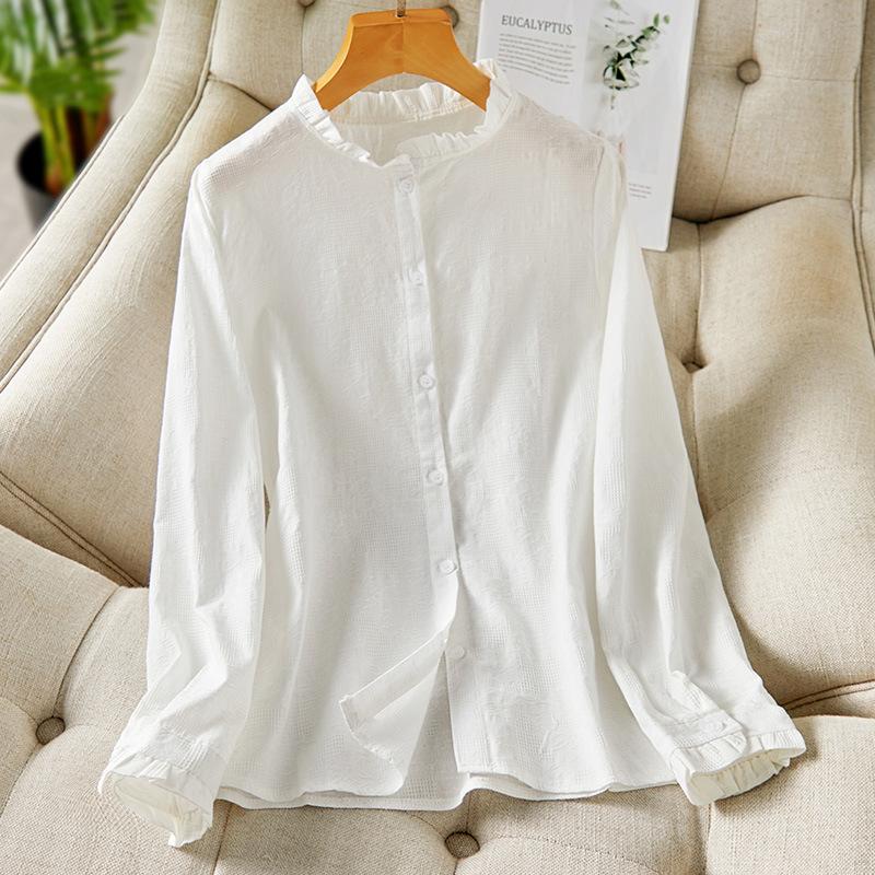 

Pink Fungus Collar Shirt Long-sleeved Spring Cotton Top Temperament Light-climbed Embroidered Shirt S