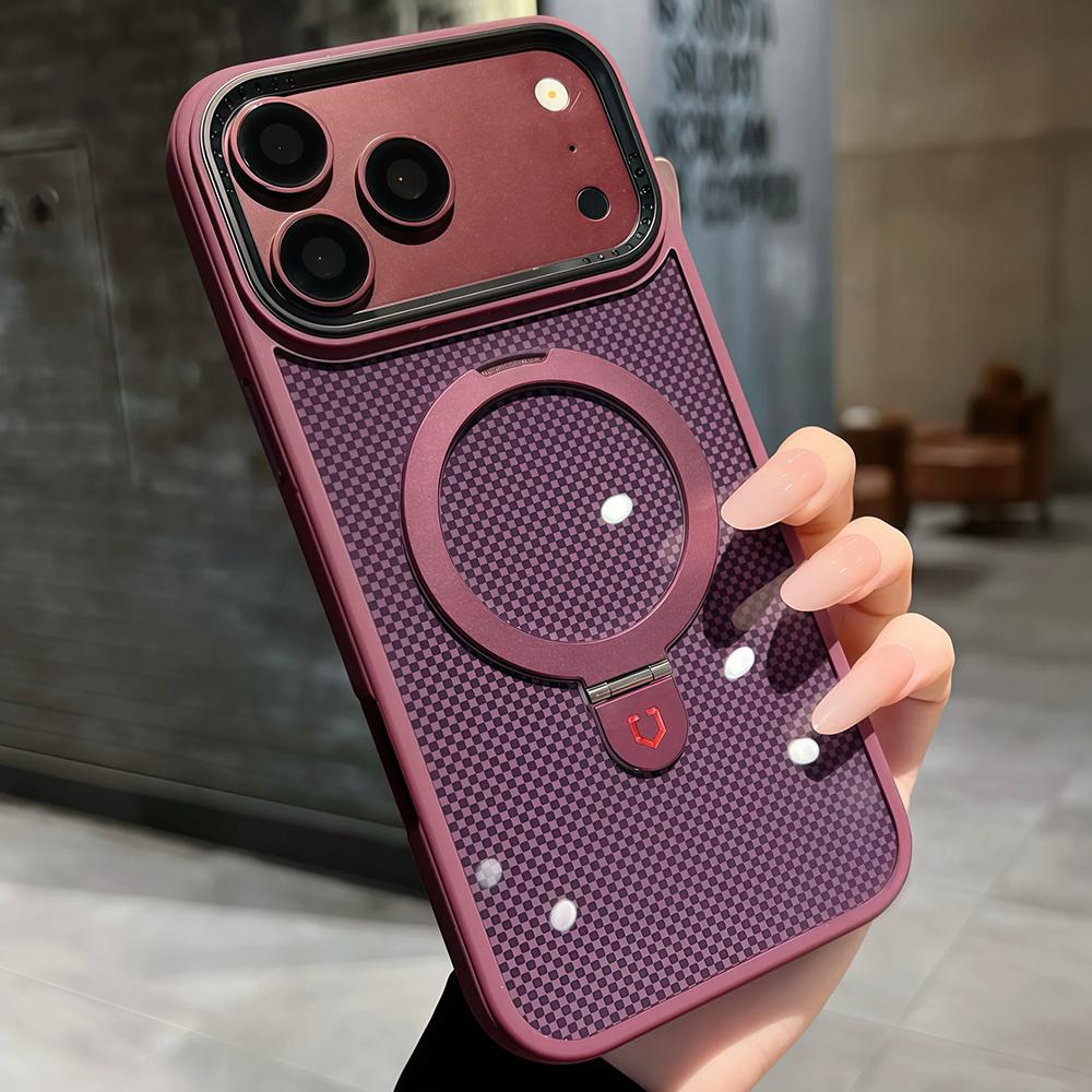 Dark Cherry Folding Metal Holder Magnetic Phone Case For iPhone 18 17 16 15 Pro Max Magsafe Charging Scratch-proof Hard Cover