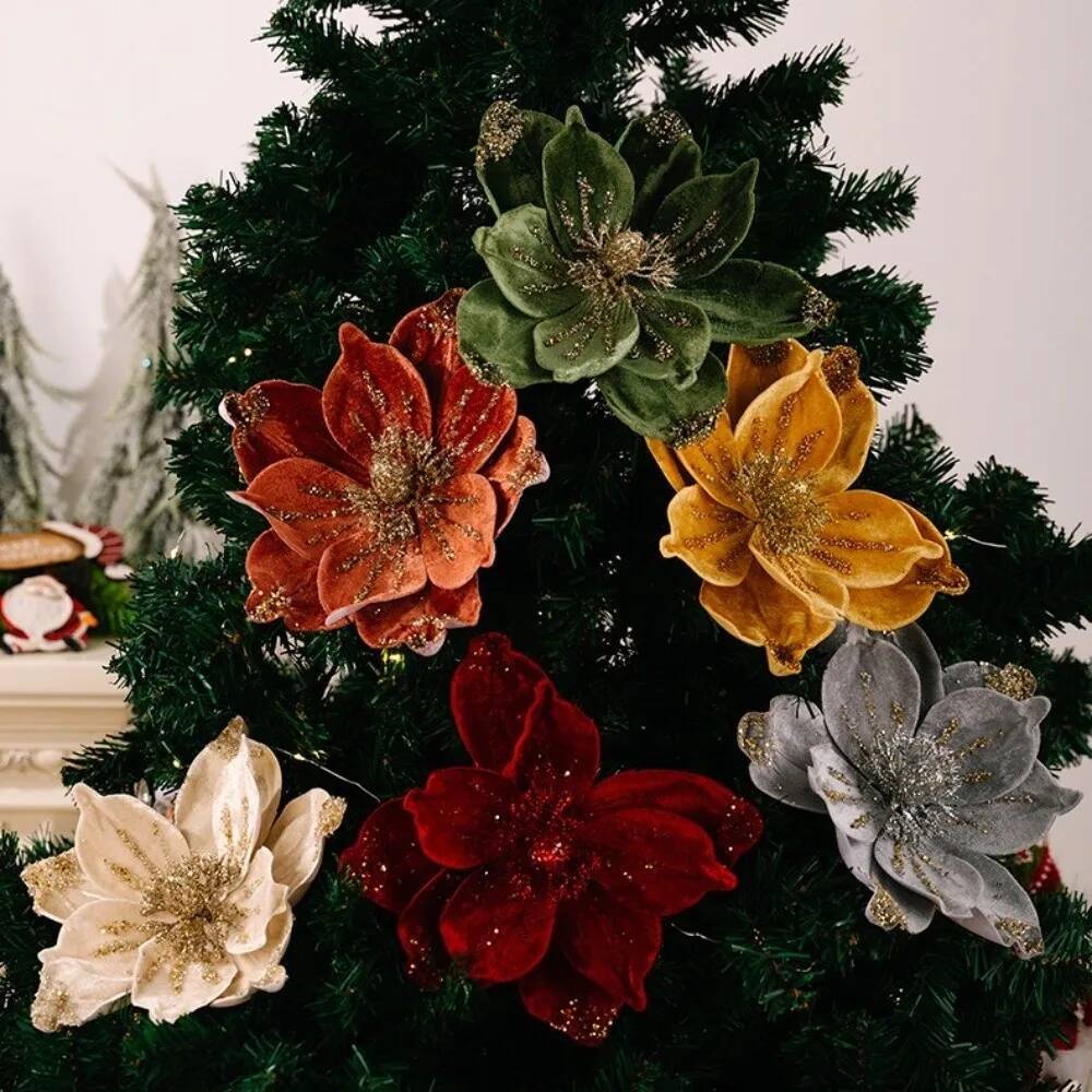 Glittering Holiday Floral Arrangement Soft Petal Artificial 26CM Flowers for Christmas Tree Winter Wedding Centerpiece Decor