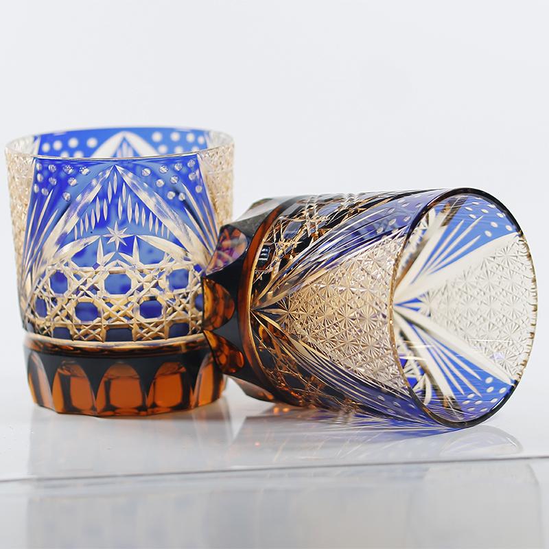 8.5 Oz Luxury Blue Amber Rocks Glass Edo Kiriko Straight Whisky Tumbler Hand Engraved Octagonal Basket Weave With Gift Box 240ml синий