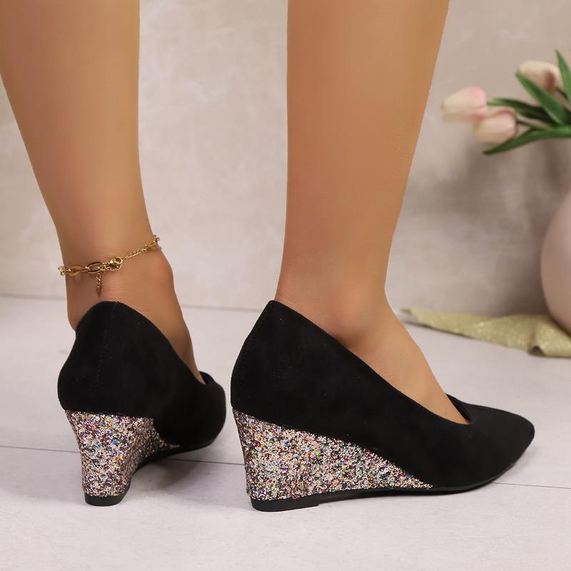Chaussures à talon compensé temperament Mode Bout pointu Décolleté Daim À enfiler Antidérapant Talons hauts