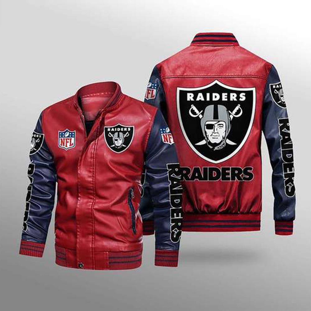 Thickened NFL Leather Jacket Printed Large Size Gift Spring and Autumn Thin Men's Bike Jacket Raiders Baseball Uniform