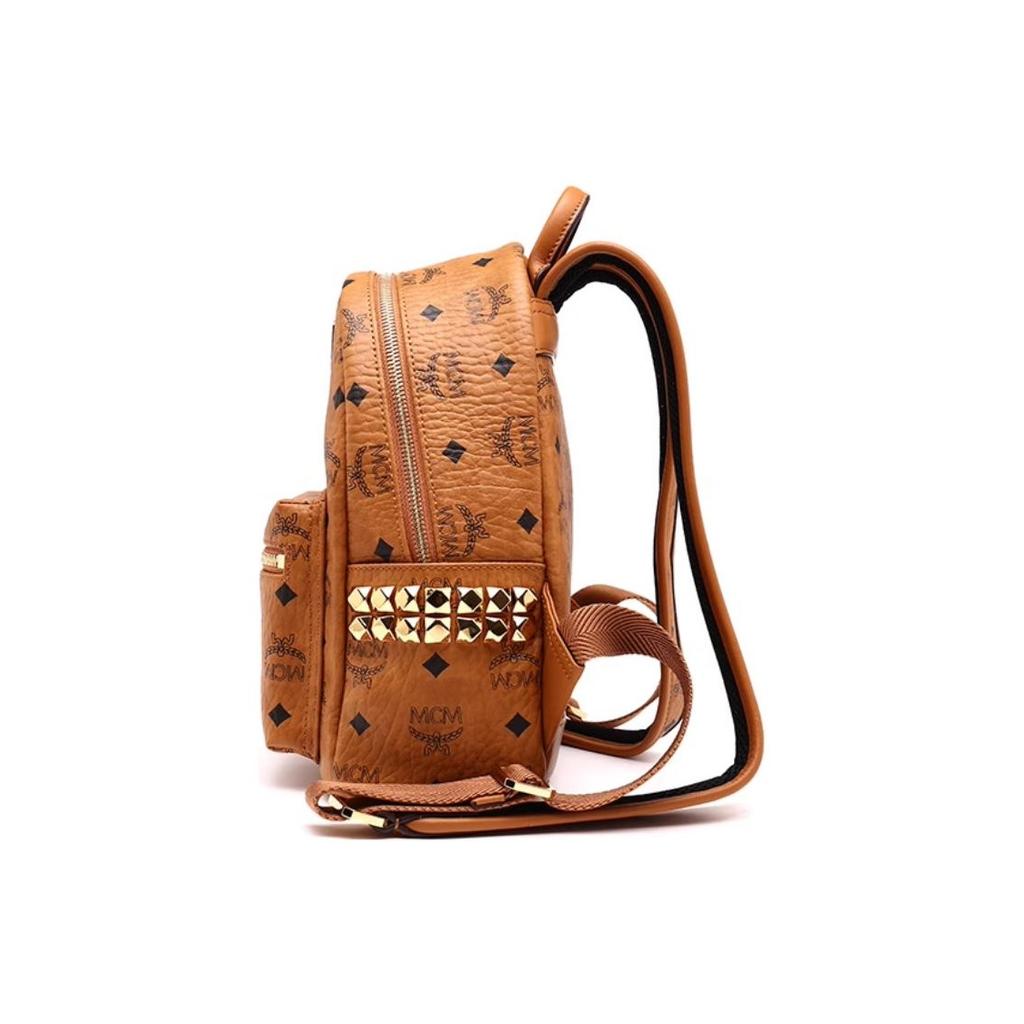 MCM Stark Classic Monogram Print Double-Sided Studded Canvas And Leather Backpack Unisex Backpack Brown Cognac MMKAAVE10CO001