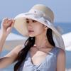 Summer Wide Brim Sun Hat Women Ruffled Chiffon Brim Pearl Embellished Sun Protection Seaside Beach Hat