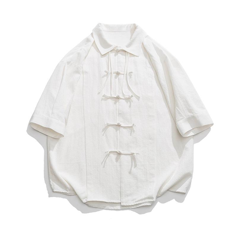 Kids' Summer Retro Tang Suit: Loose Short-Sleeve Cotton & Linen Shirt