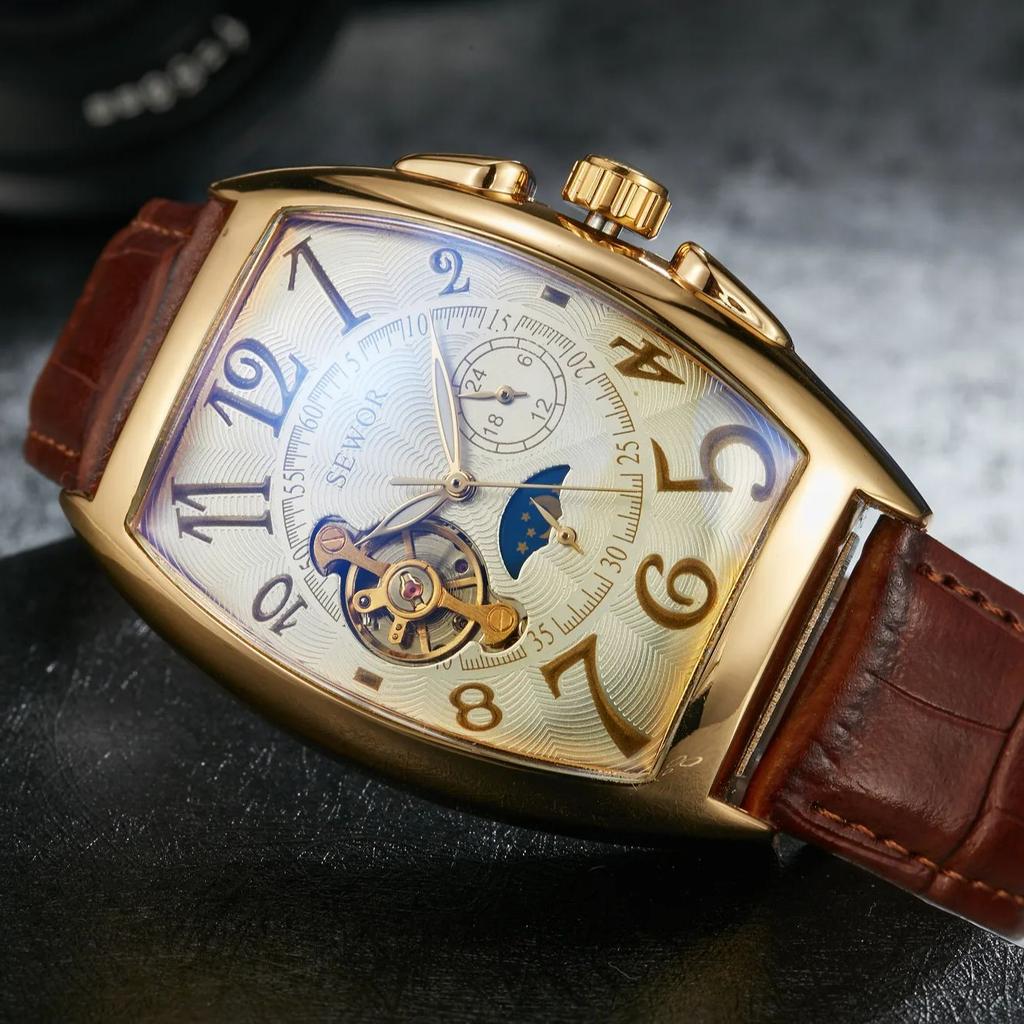 Modny Męski Zegarek Kształt Beczki Wina Lśniący Tourbillon W Pełni Automatyczny Mechanizm Mechaniczny Zegarek Mechaniczny reloj automático