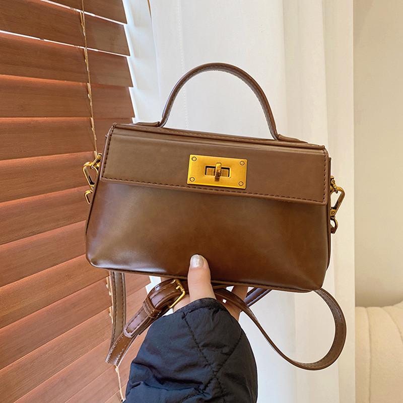 Fashionable Small Square Bag For Women Urban Minimalist Style Lock Buckle Crossbody Bag Red Brown