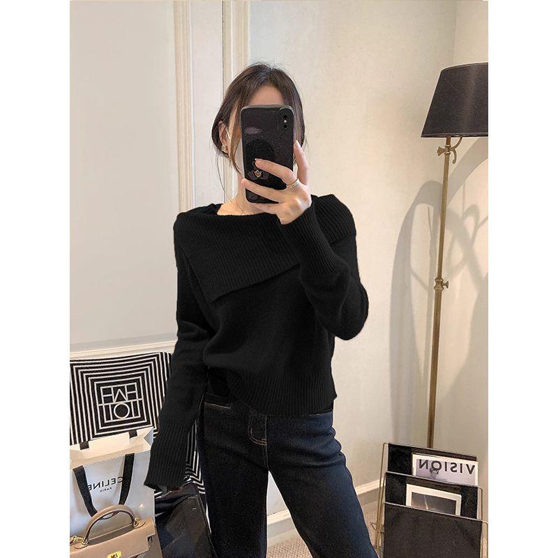 2024 Autumn/Winter French Knitwear: Women's Korean Fashion One-Shoulder Clavicle Lapel Base Shirt