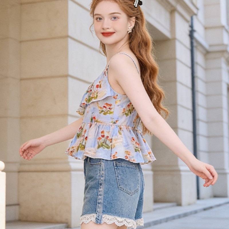 Summer Floral Ruffle Sleeveless Tank Top For Women With Polyester Fabric
