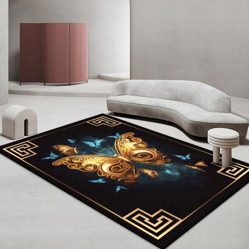 Modern Black Living Room Rug Butterfly Pattern Bedroom Carpet Soft Golden Border Antiskid Cloakroom Sofa Table Mat Easy Clean