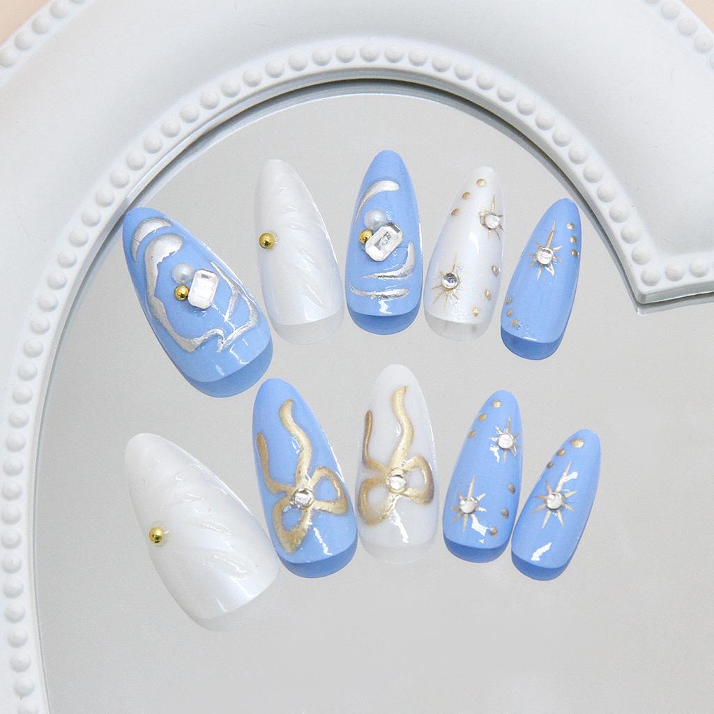 Ocean Blue Gilt  Bow Astral Corrugated Temperament Removable Nail Art 24 Pieces