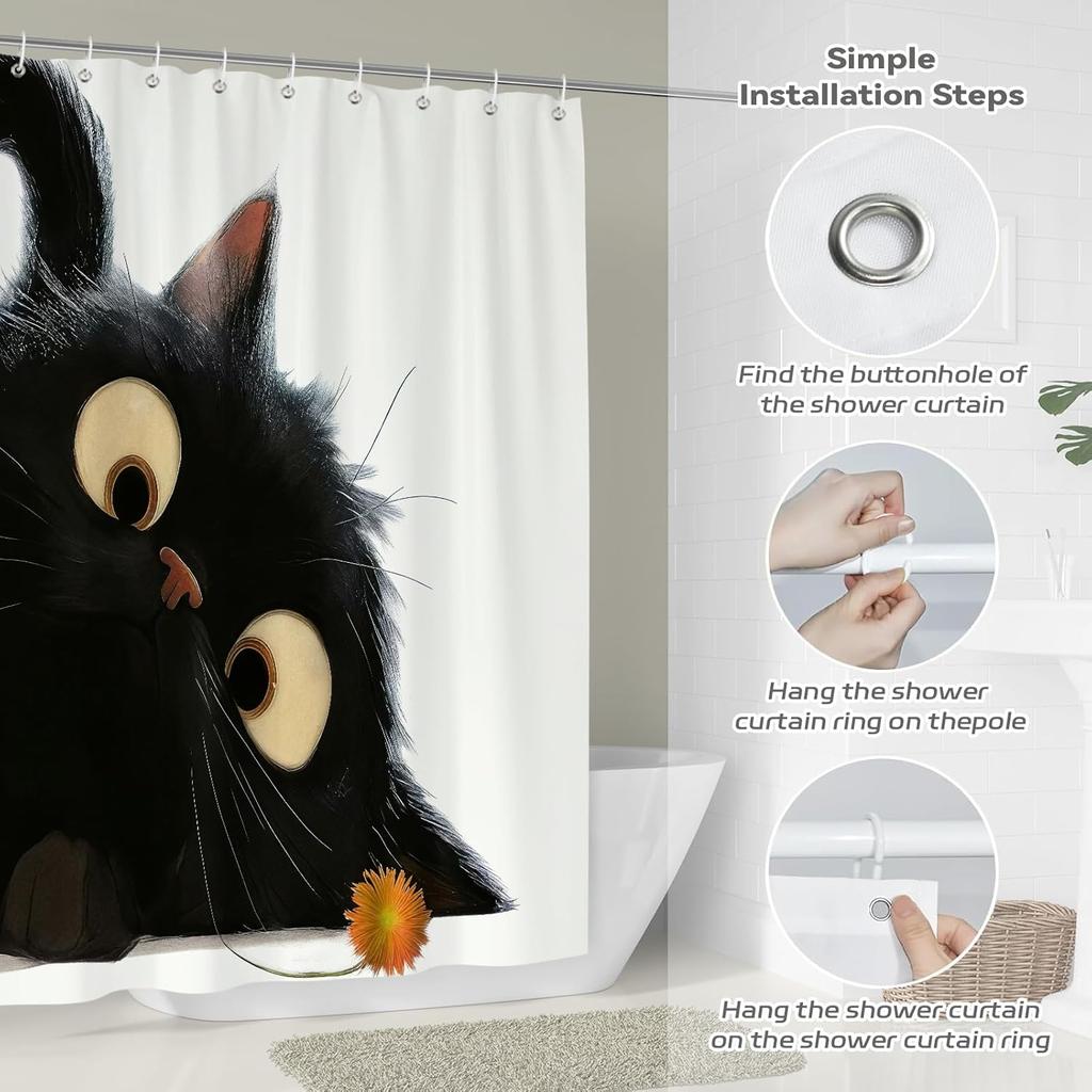 Cute Black Cat Shower Curtain Big Eyes Design Bathroom Decor Animal Art Waterproof Bath Curtain