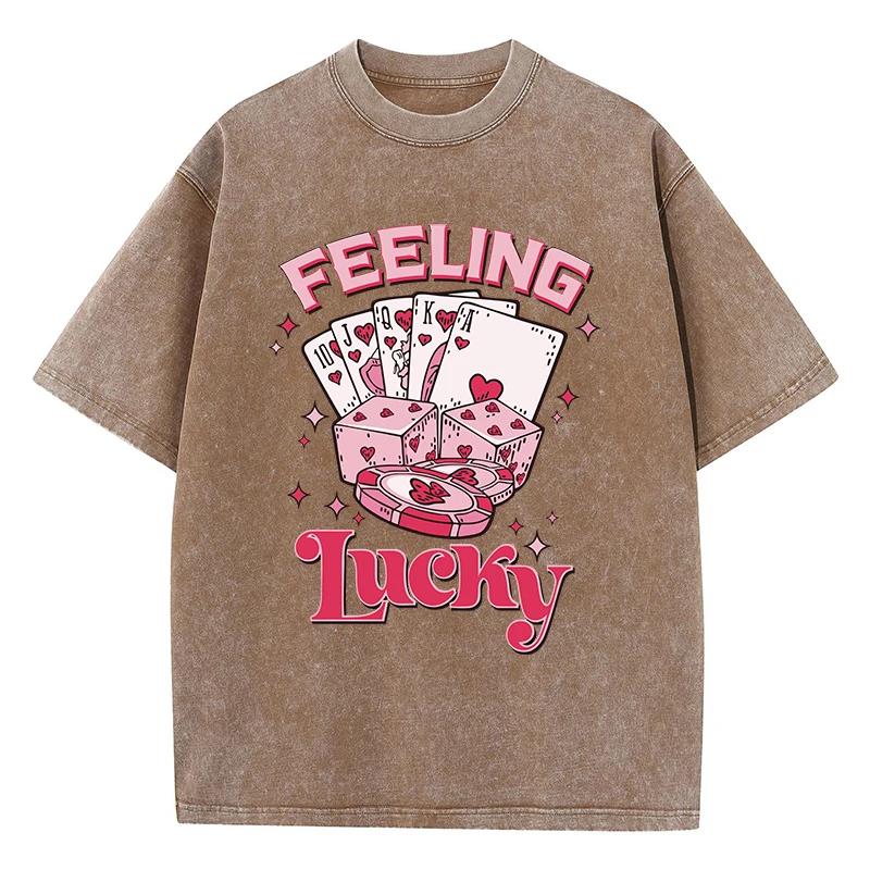 Feeling Lucky Cotton Washed T-Shirts Womens Poker Dice Printed Tops Comfortable O-Neck Oversize T Shirts Woman Clothes
