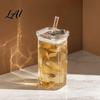 Elegant Glassware for Wedding Gifts Glass Cup with Lid And Straw Square Clear Borosilicate Heat Resistant Kitchen Tumbler Portable Drinking