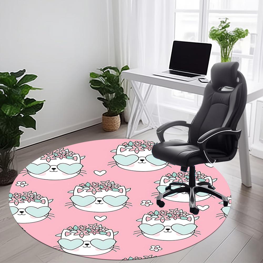 1PC Cat Floral Office Round Area Rug, Mat Suitable For Office, Under Office Chairs Bedroom Living Room Home Decor, Room Deco