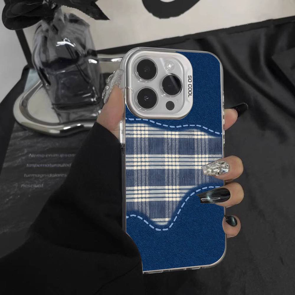 Ins Korean Blue Striped Grid Phone Case For iPhone 17,16,15,14,13,12,Pro,XS,Max,Plus,Mini,SE White Candy Matte Shockproof Cover