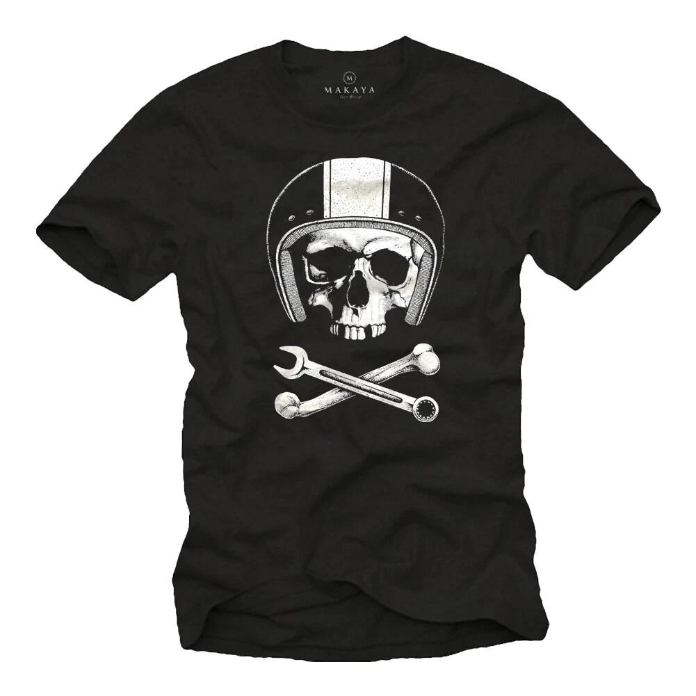 Motorcycle Mens T-Shirt with Skull & Helmet - Mens Rockabilly Skull Shirt- XL