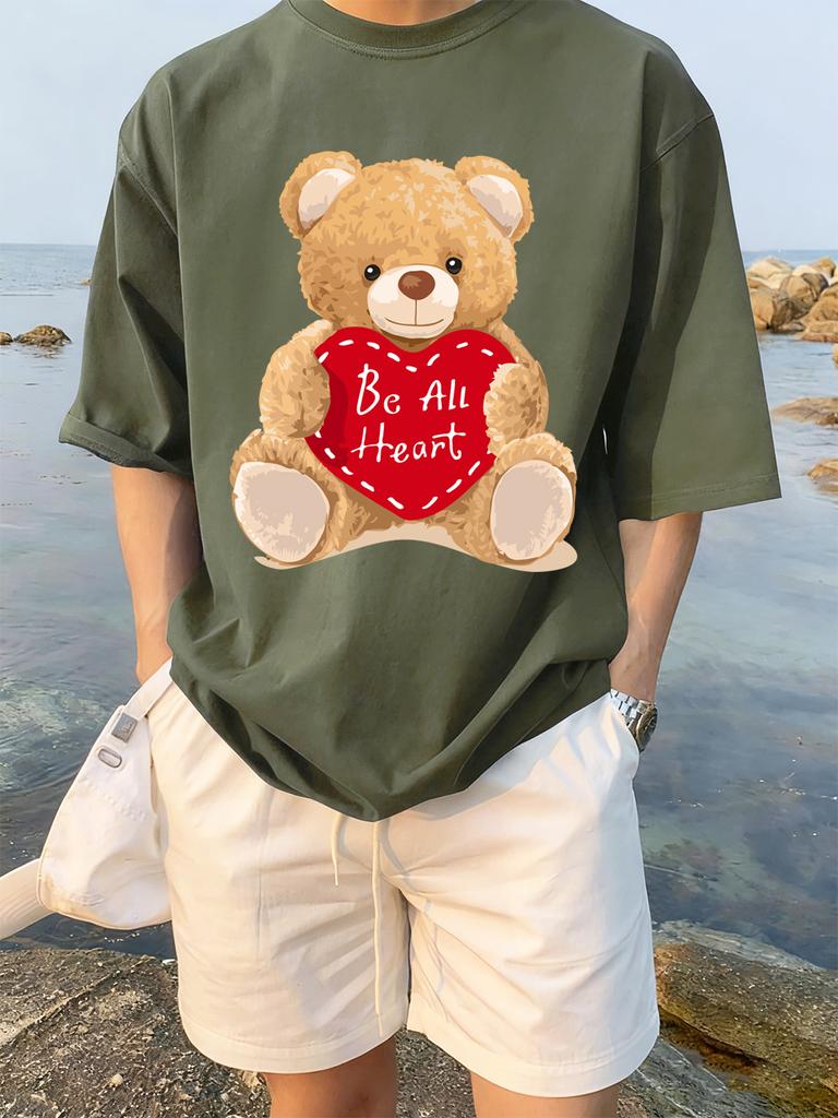 Cartoon Bear Gives You His Heart Prints TShirts Womens Summer Cotton Tops ONeck Soft Loose Short Sleeve Tees Casual Clothes