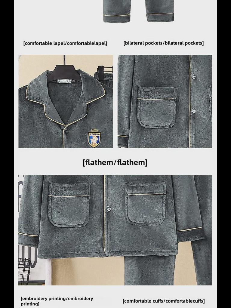 Flanell-Pyjama-Set für Herren: Langärmliger Revers-Cardigan und Hose, Übergröße, Herbst/Winter.