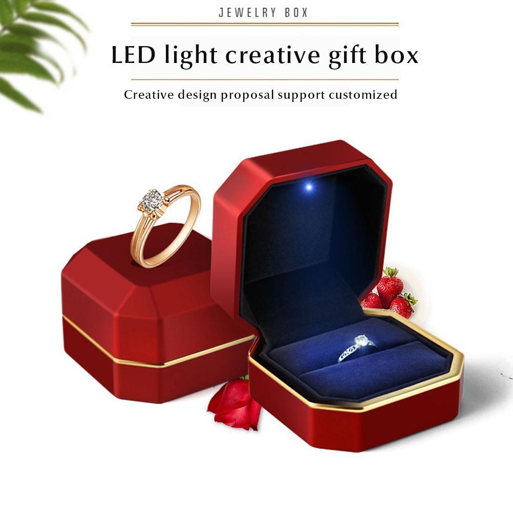 LED Ring Box Octagonal Velvet Wedding Ring Case Jewelry Gift Box with LED Light for Jewelry Display Wedding Engagement