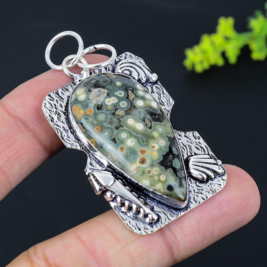 Natural Ocean Jasper Gemstone Handmade 925 Sterling Silver Pendant 2.36" W9z57