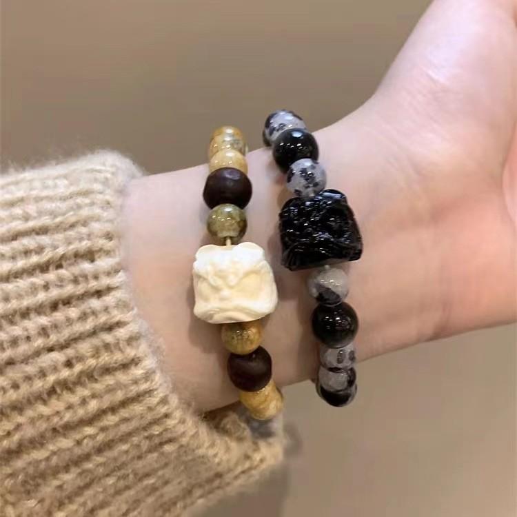 Dance White Lion Glass Bracelet Unique Carving For Men And Women Retro Chinese Style