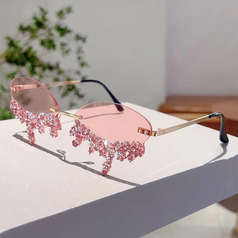 Rimless Tear Shaped Sunglasses with Rhinestones Women Fashion Decorative Shades Trendy Stylish Design Rave Sun Glasses