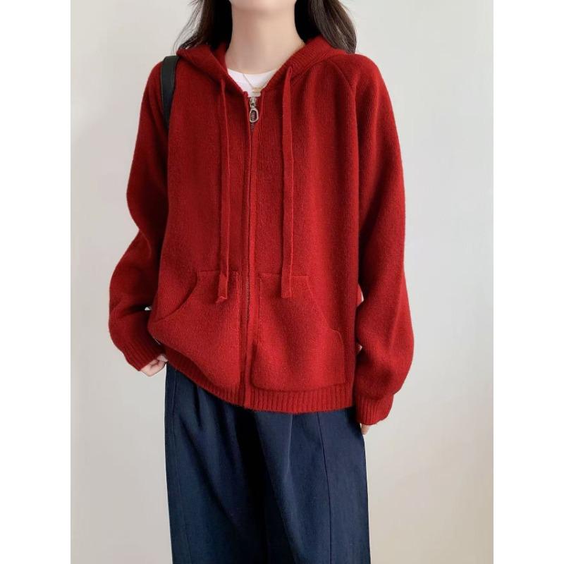 Lazy Wind Hooded Sweater Jacket Women's Autumn and Winter New Loose Casual Zipper Knitted Cardigan Jacket