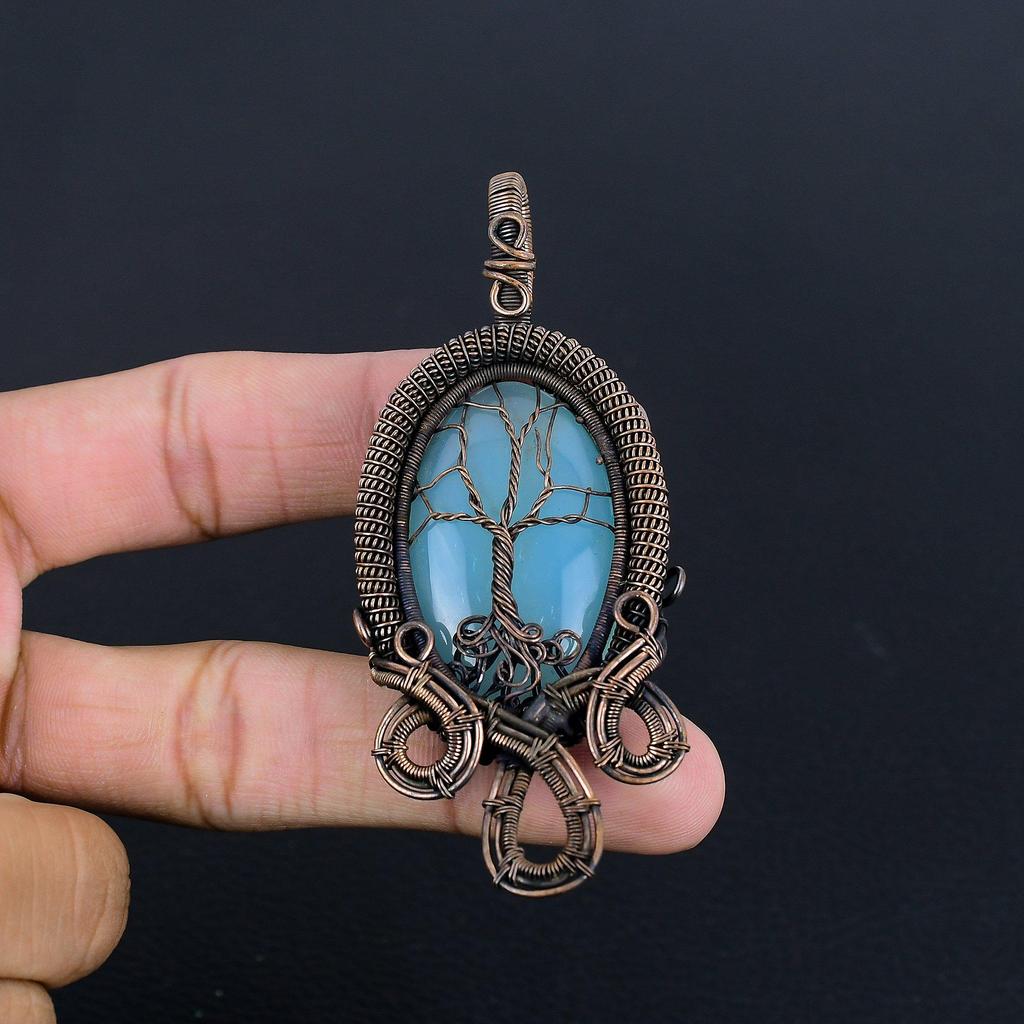 Blue Chalcedony 999 Copper Wire Wrapped Pendant, Handmade Gemstone Pendant Jewelry, Gifts For Wife Brand New Pendant