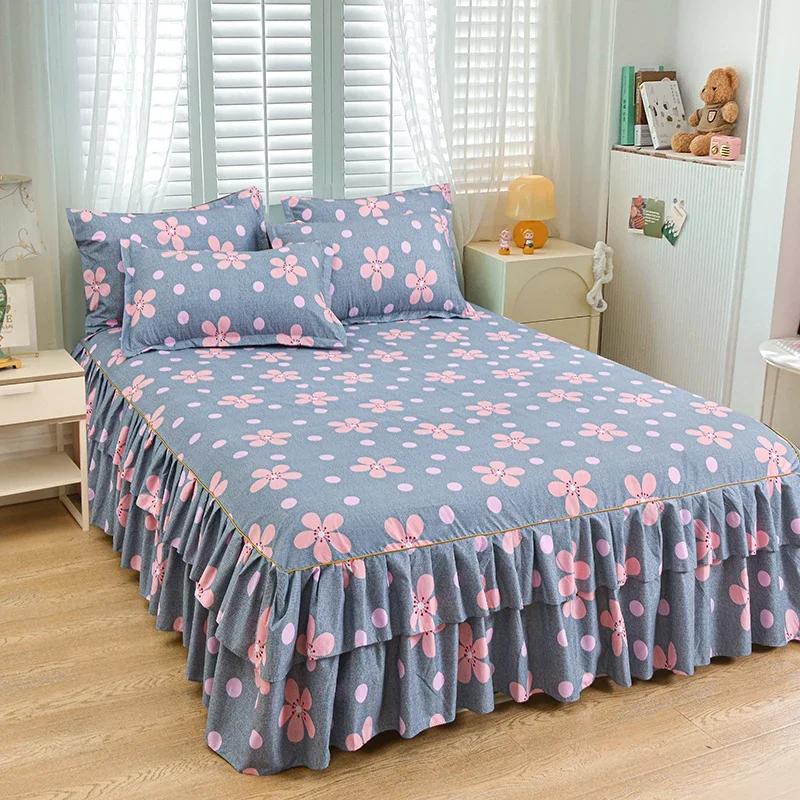 Nordic Floral Queen Bed Skirt Without Pillowcase Double Single Mattress Cover Anti-slip Full Size Adjustable Bedspread 360°Warp