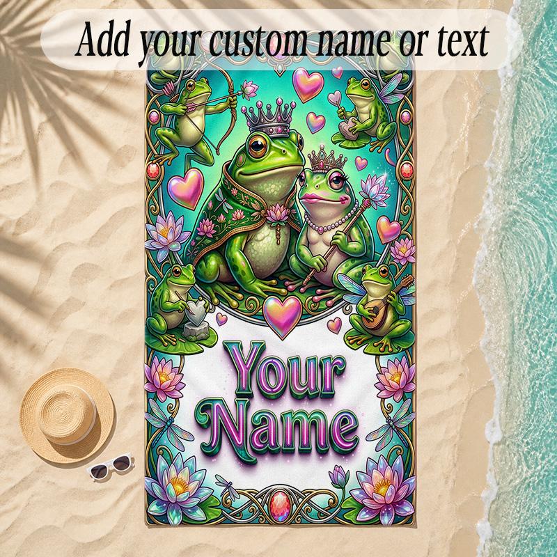 Frog Theme Soft Beach Towel Personalized Custom Name Text Towel Portable for Beach Pool Travel