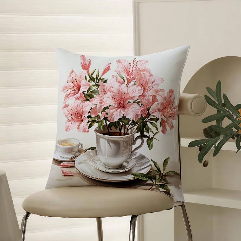 Painting Cup of Flowers Pillow Case Comfort Sofa Bed Silky elegant Invisible zipper Decorative cushion cover