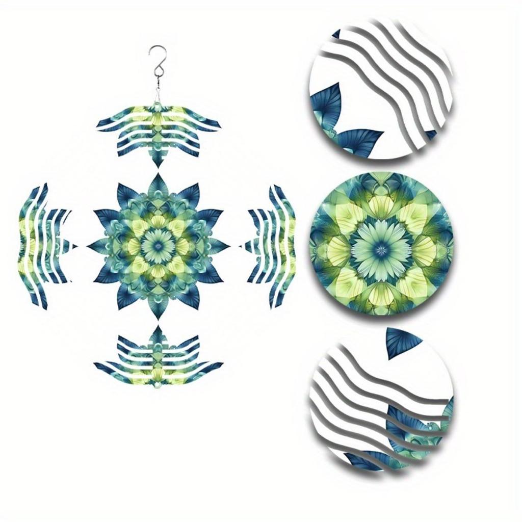 Lebhaftes Petrolblau 10 Zoll Mandala Blume Windspiel Metall Hängedekor für Garten Balkon Alle Jahreszeiten 360 Grad Haken Außendekor